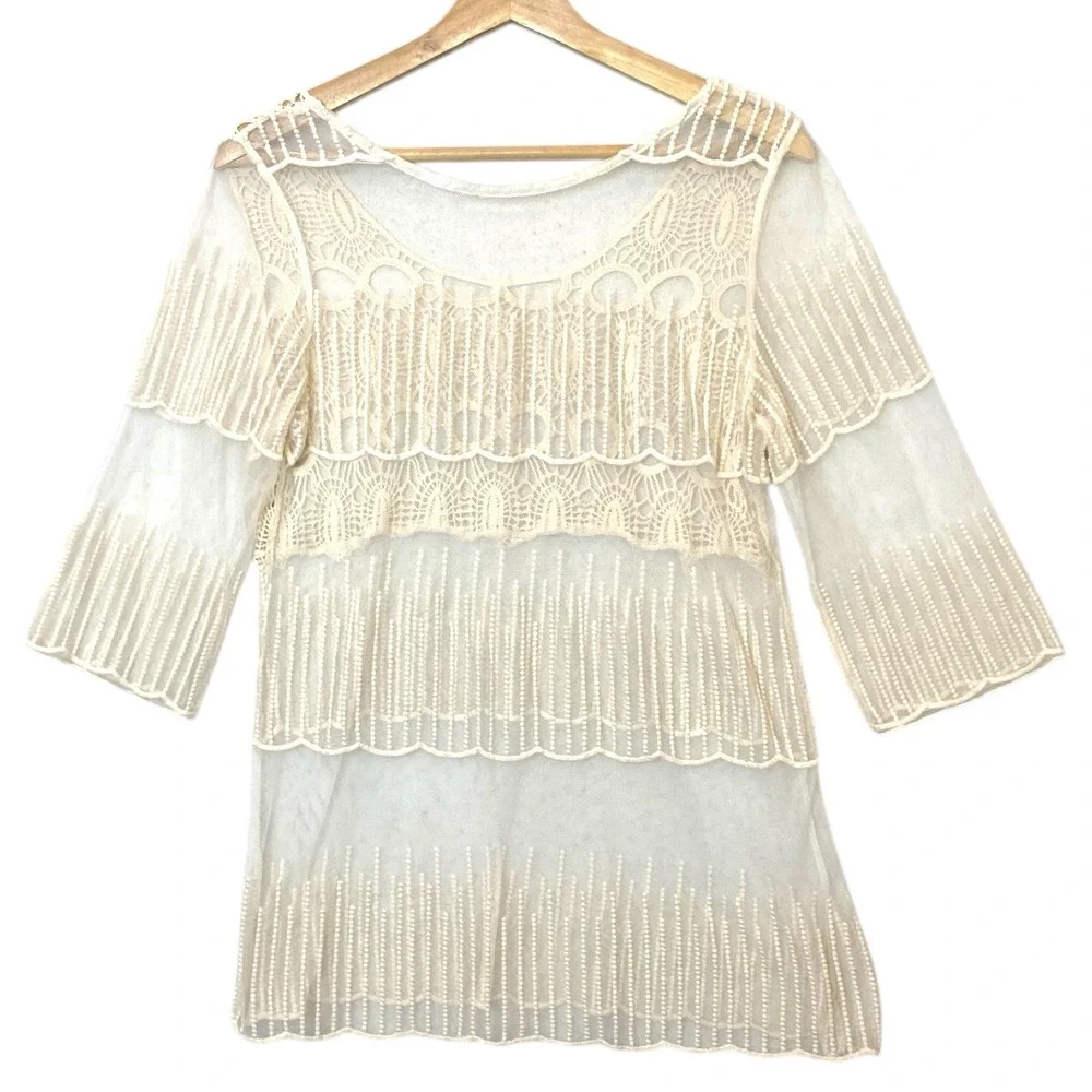 Sheer Bohemian Crochet Lace Tunic Top Women M Ivory Festival Boho Chic Whimsical